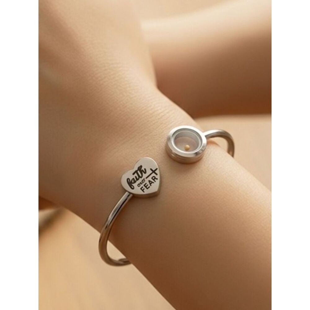 Mustard Seed Faith Over Fear Cuff Bracelet Stainless Steel Christian Gift Bangle